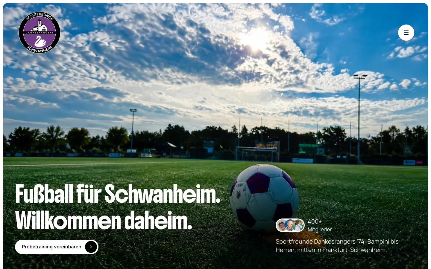 Screenshot of the new SFD Schwanheim website: a full-screen hero photo of a football on the pitch under a bright, cloudy sky, the headline "Fußball für Schwanheim. Willkommen daheim.", a "Probetraining vereinbaren" button and the club crest.